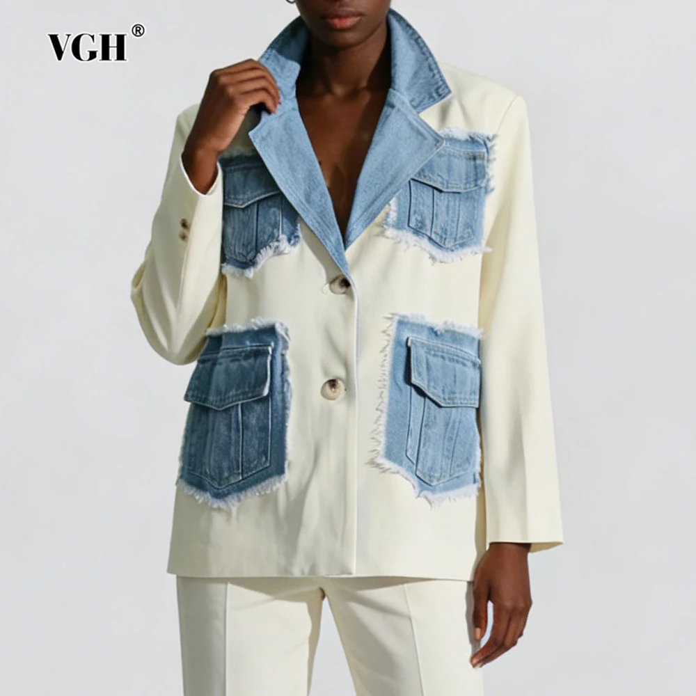 

VGH Casual Hit Color Trend Loose Jackets For Women Lapel Long Sleeve Spliced Pockets Autumn Temperament Jacket Female Fashion