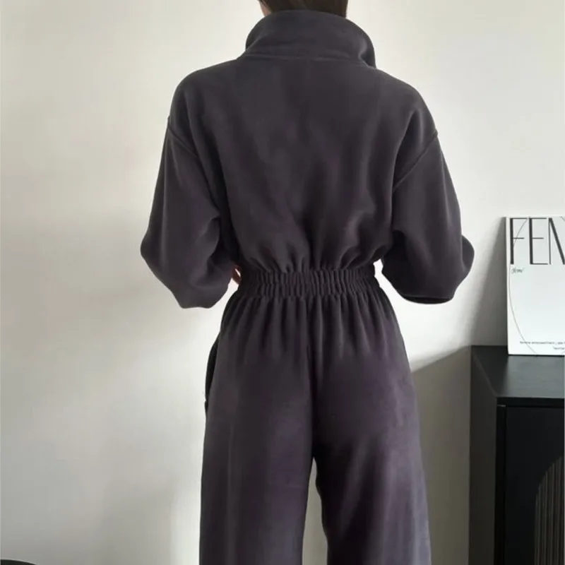 2025 New Women's Long-Sleeve Jumpsuit Casual Half-Zip Elastic Waist Set for Spring & Autumn Soft Stretch Fabric Comfort Fit