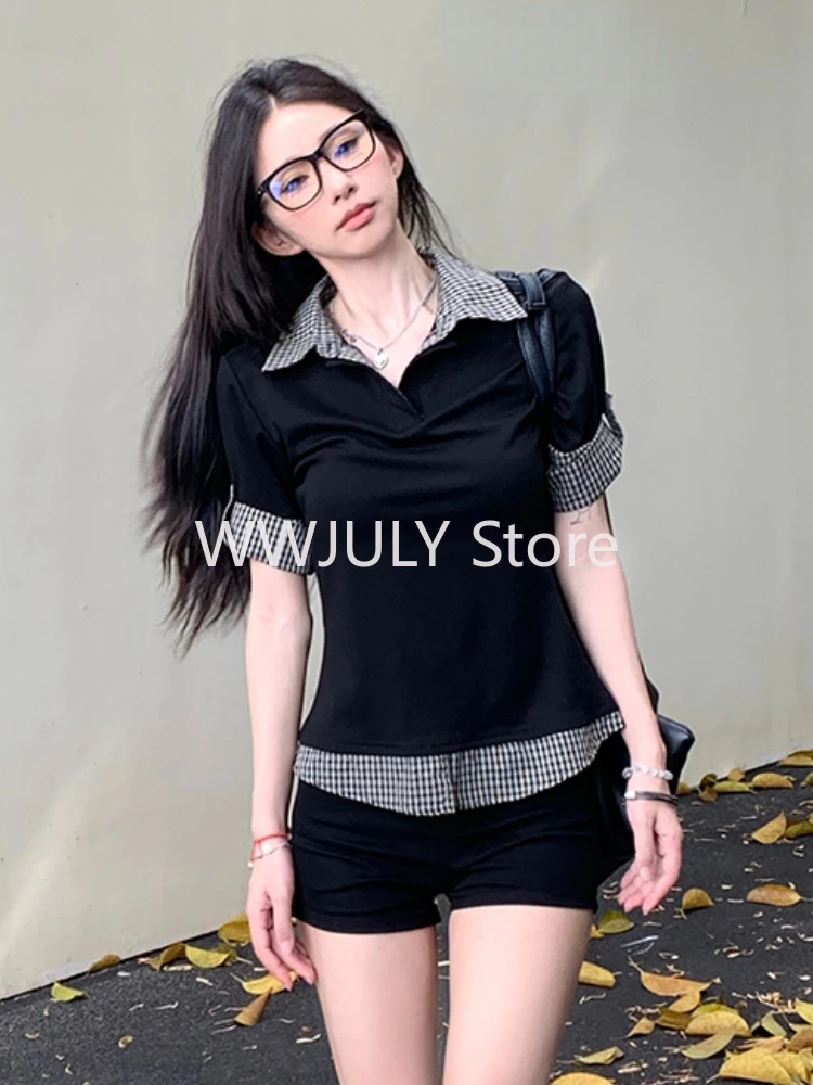 Summer American Style Vintage Black Tops Spicy Girls Plaid Design Fashion Tops Woman Streetwear Casual Korean Y2k Tees Chic