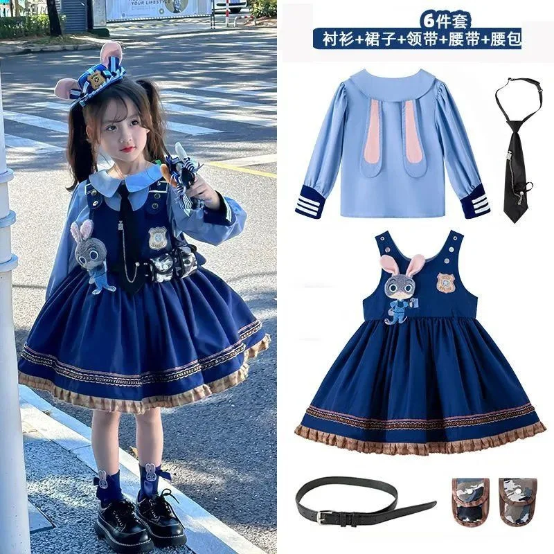 2024 Hot Style New Style Autumn and Winter Clothes Two-piece Set Blue Bow Tie Cartoon Police Rabbit Lolita Princess Dress Birthd