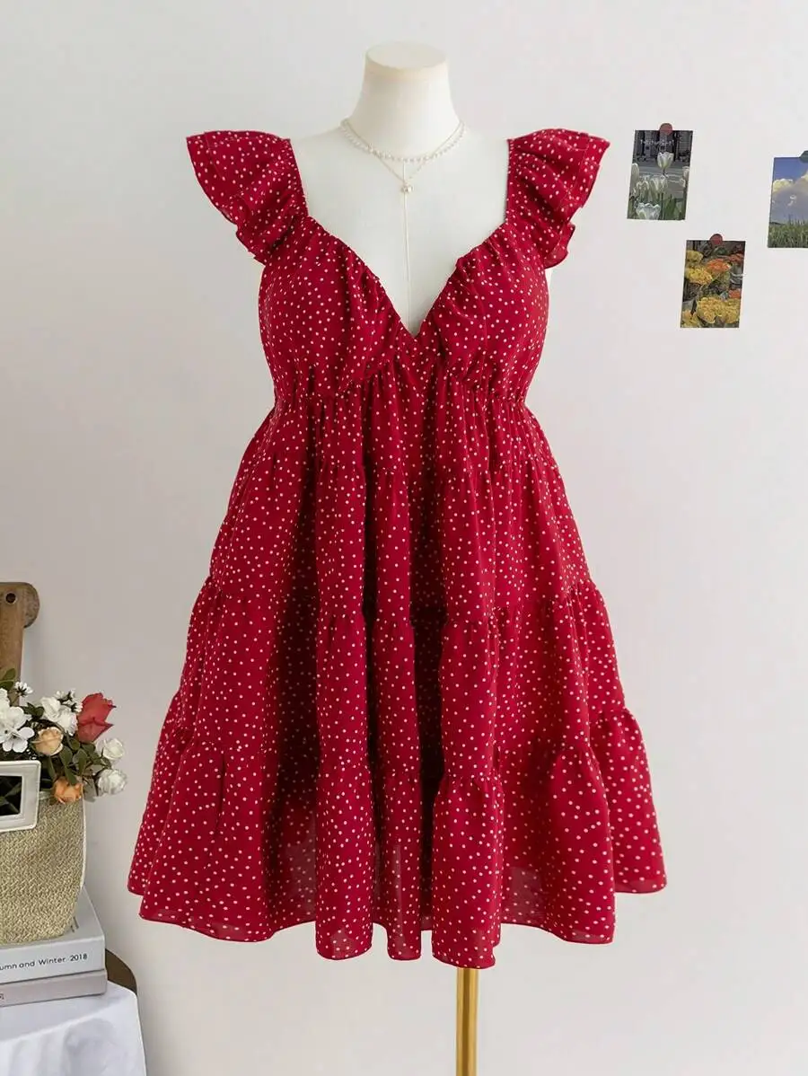 

Красное мини-платье в горошек с V-образным вырезом и многоярусными рукавами-рюшами для весны