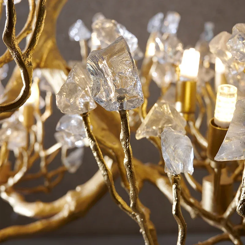 Handmade Postmodern Copper Chandelier with Natural Crystal for Living Room Dining Room Villa Lighting Decor