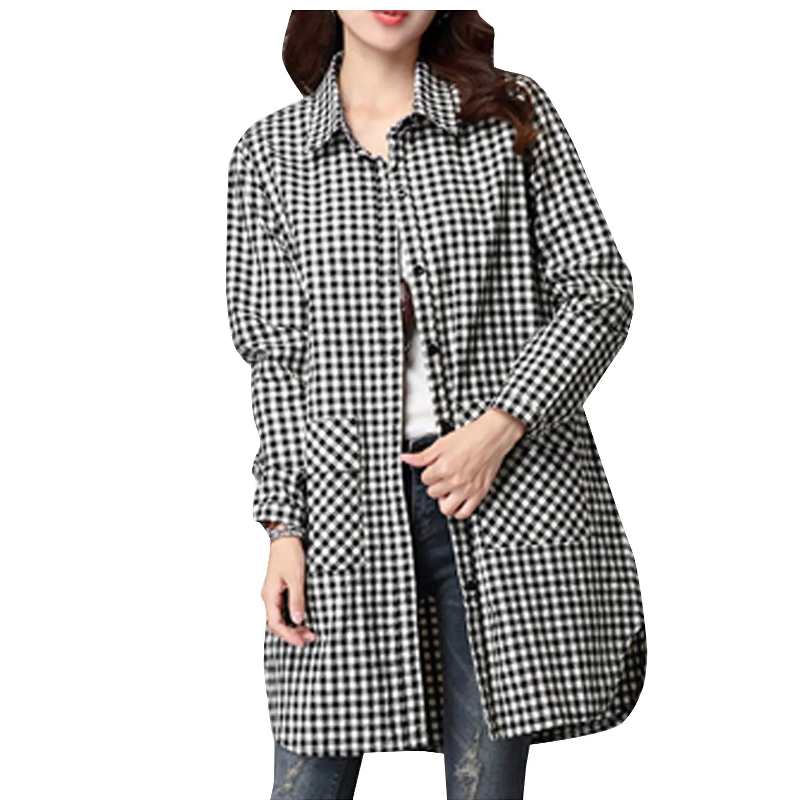 2024 Women's Plaid Pocket Long Sleeve Long Shirt Fashion T-Shirt New Lapel Fashion Casual Lightweight Versatile Daily Shirt