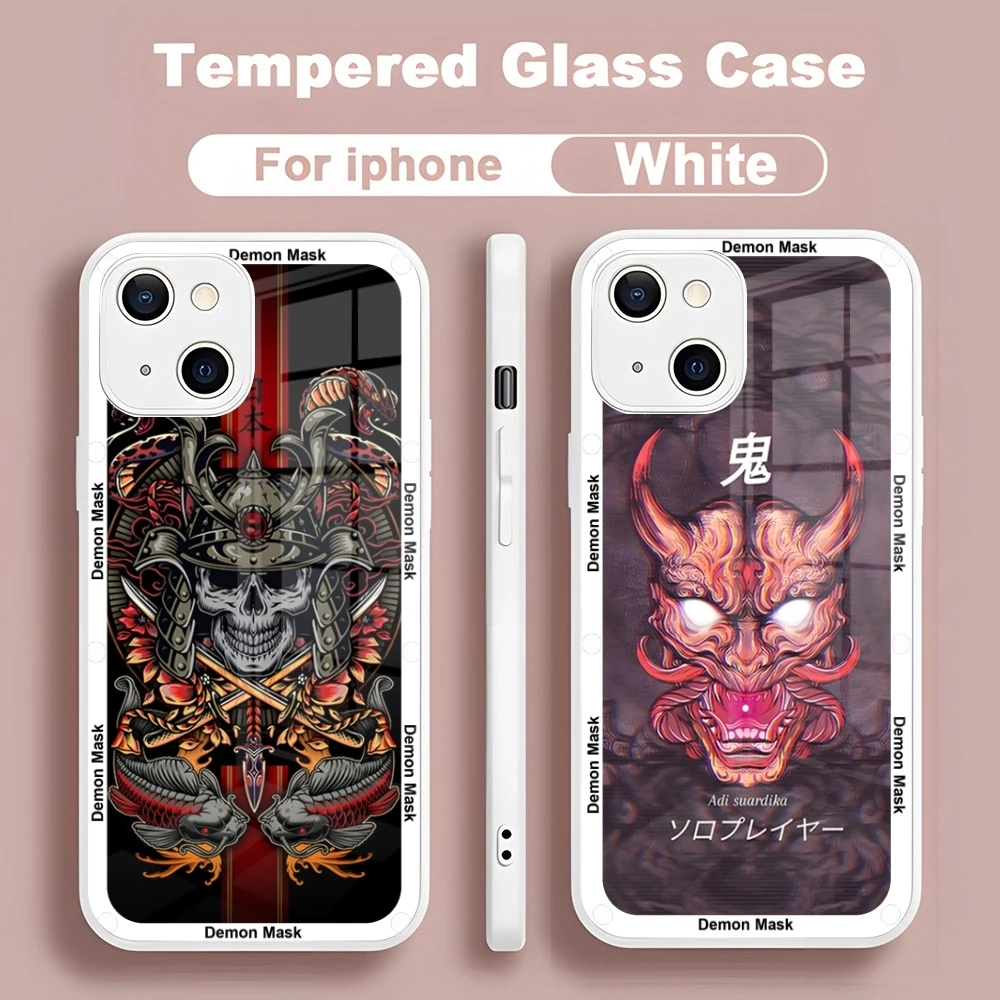 Japanese Oni Hannya Samurai Demon Mask for Iphone 15 14 13 12 11 Pro Max X XS XR 7 8SE Metallic Paint Glass Mobile Phone Case