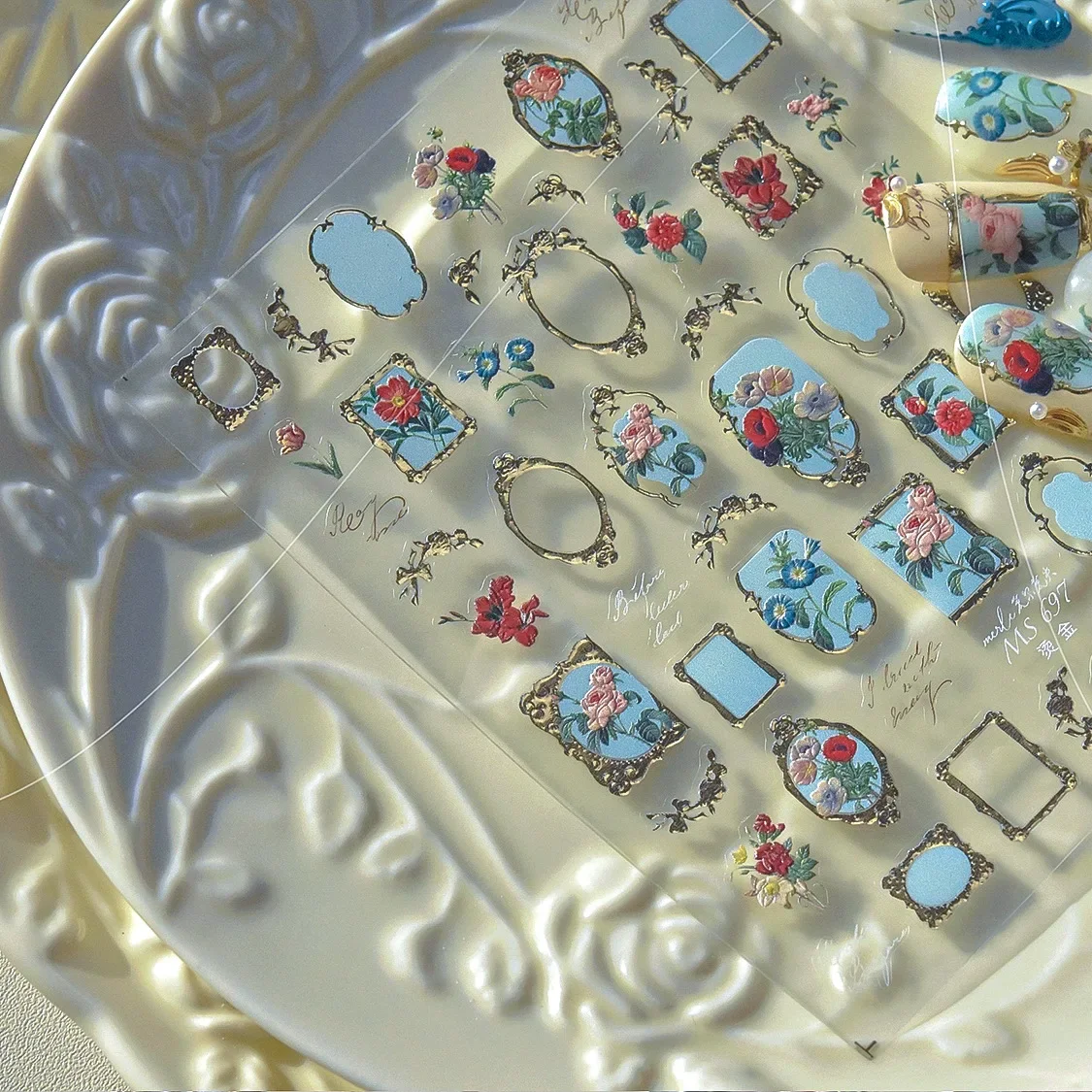 화려한 꽃잎 꽃 신선한 장미 백합 벚꽃 가지 5D 네일 아트 스티커 릴리프 자기 접착 장식 매니큐어 데칼