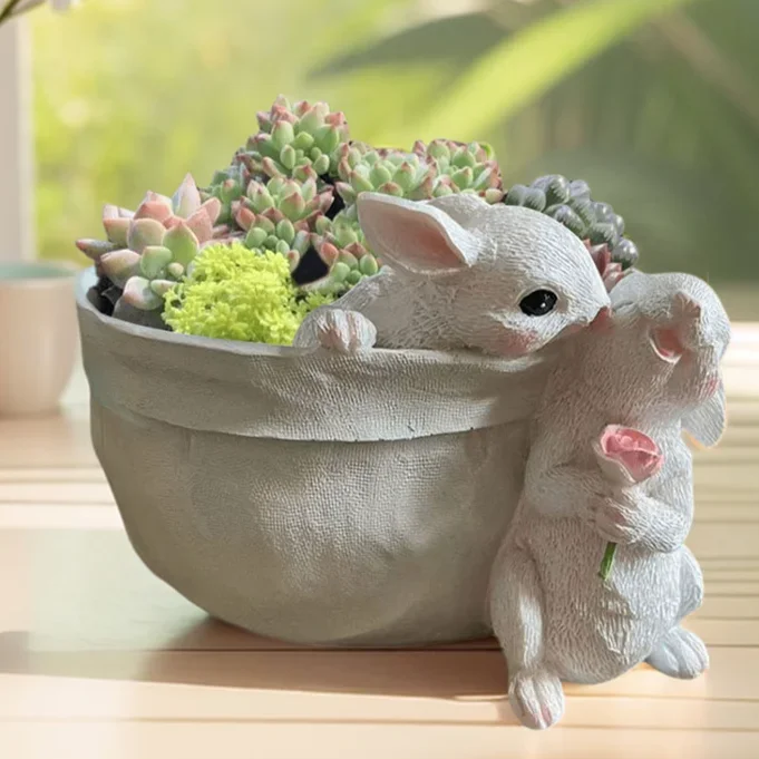 Pot de fleur de lapin de dessin animé créatif, lapin mignon, plante succulente, plante verte de jardin, bassin de fleurs en résine pour la cour, décor de balcon