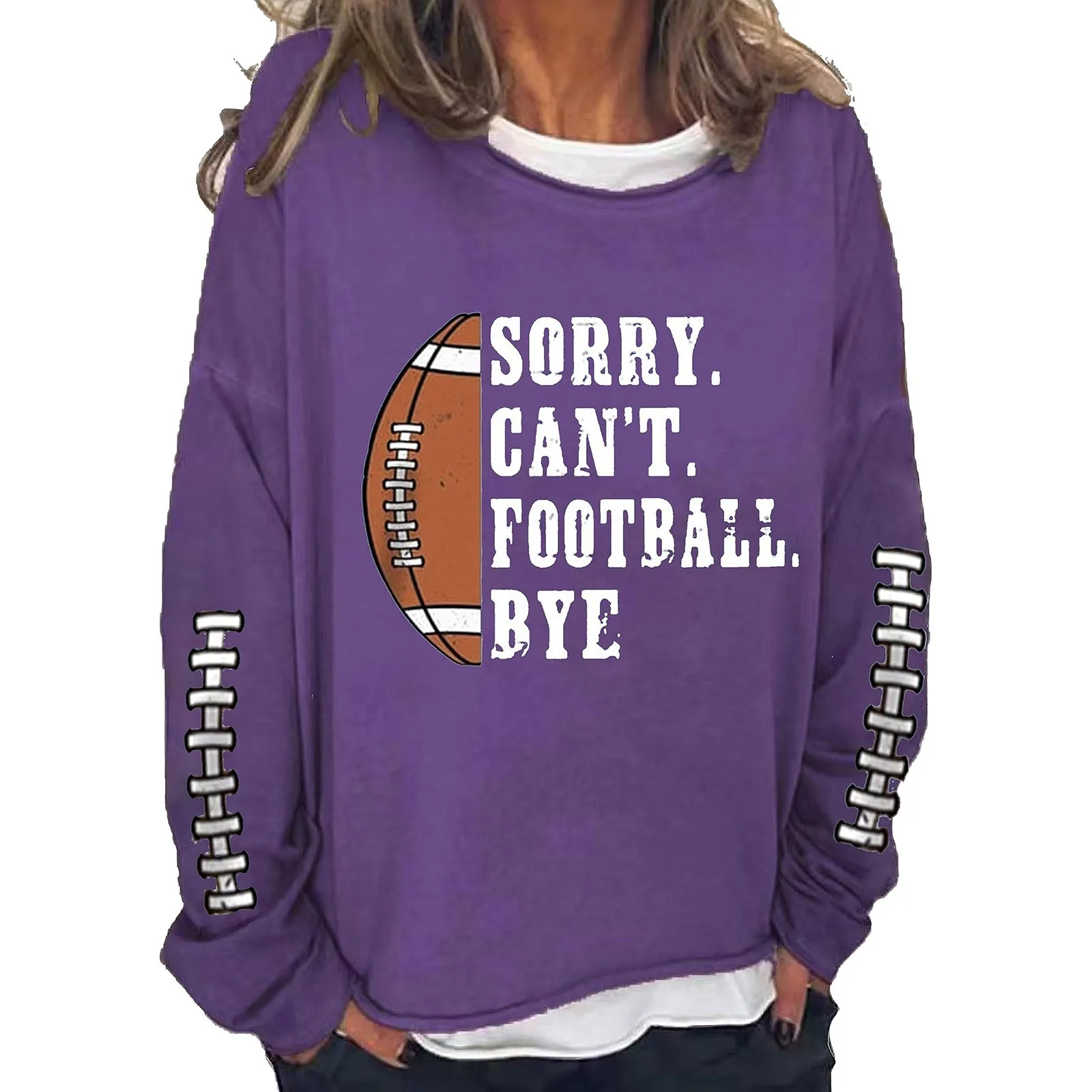 Women's Long Sleeved Letters SORRY CANT.FOOTBALL.BYE Printed Round Neck Casual Sweater