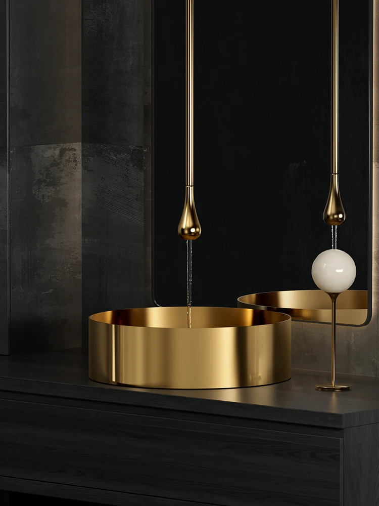 Gold stainless steel countertop basin light luxury thin edge integrated art basin bathroom black round washbasin