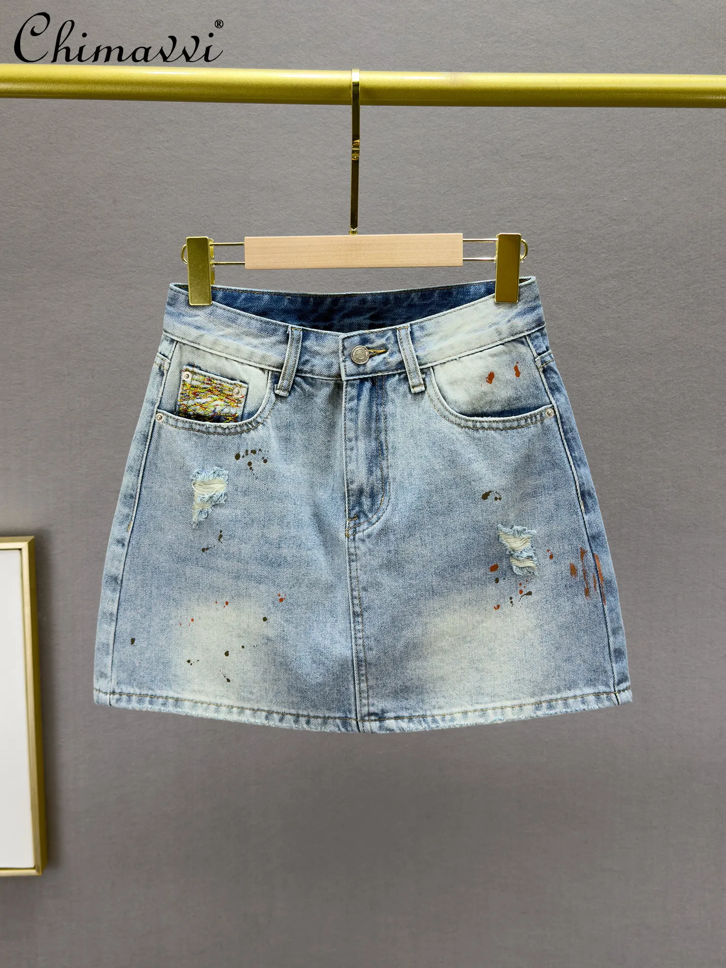 

Fashion Distressed Denim Mini Skirt for Women 2026 Summer New High-waisted Slim-fit Retro Washed Short Ladies A-line Skirt