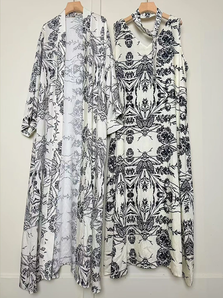 Retro geometric print long cardigan jacket two-piece set for 2025 autumn women's wear + loose sleeveless vest dress fashion set