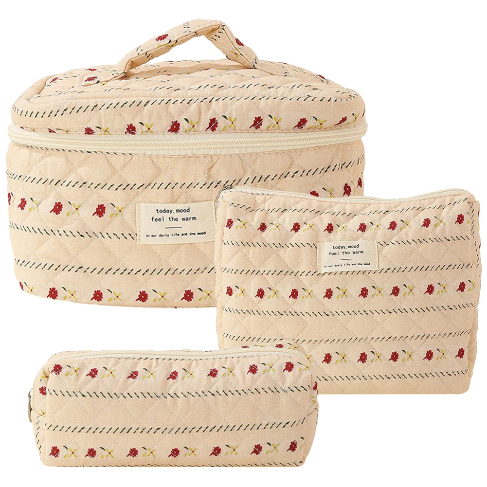 3Pcs Quilted Makeup Bag Printed Women Quilted Cosmetic Pouch Large Capacity Zipper Closure Cotton Daily Bag Purse Set