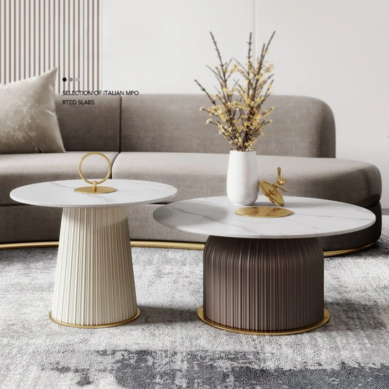 Modern Light Luxury Living Room Furniture Rock Slab Stainless Steel Coffee Table PVC Side Table Set