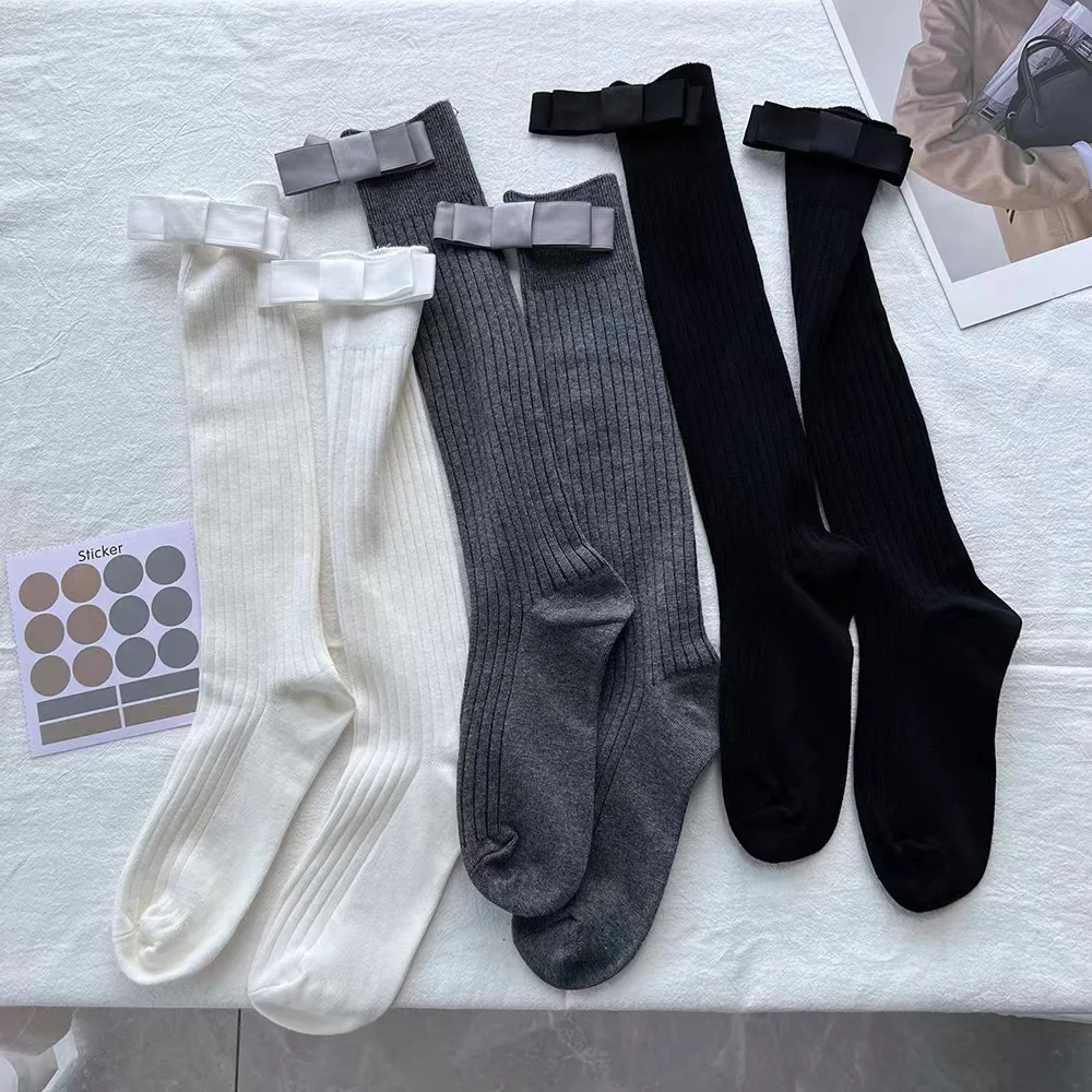 Y2K calze di vitello in cotone lavorato a maglia con fiocco per le donne calze lunghe autunno inverno calze autoreggenti calde calze al ginocchio