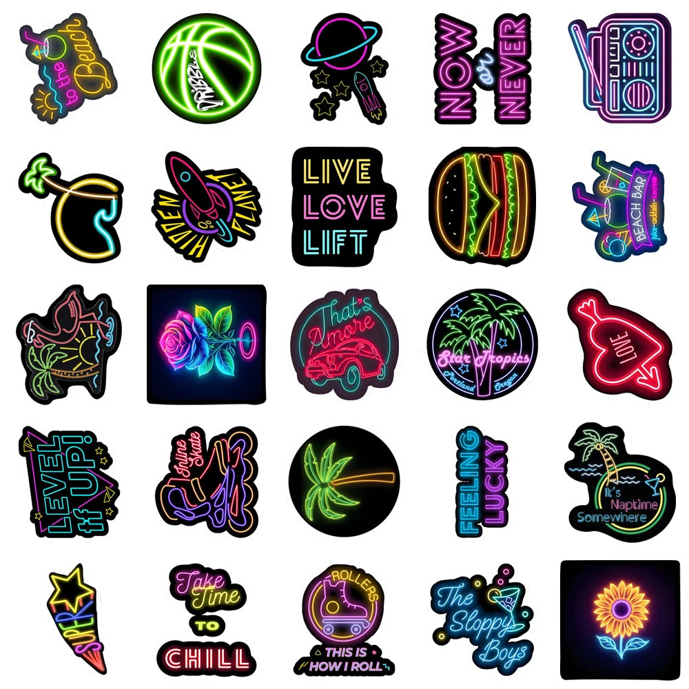 10/30/50pcs Cool Cartoon Neon Lights Graffiti Stickers Esthetische Decals Laptop Koelkast Plakboek Dagboek Decoratie sticker Kid Speelgoed