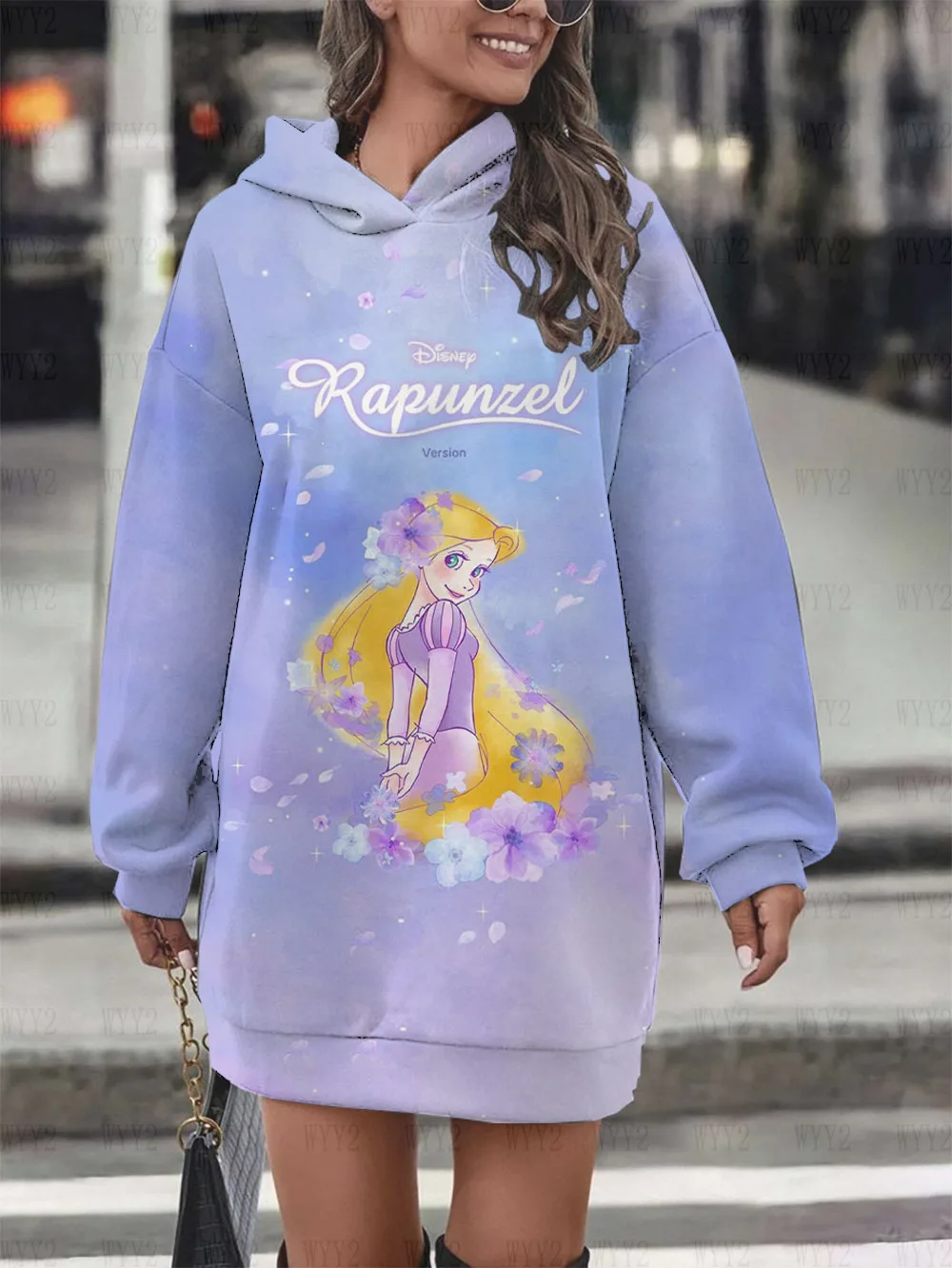 Nowa jesienno-zimowa damska sukienka Disney z nadrukiem roszpunki z długim rękawem, sweterkowa sukienka Casual Retro bluza z kapturem