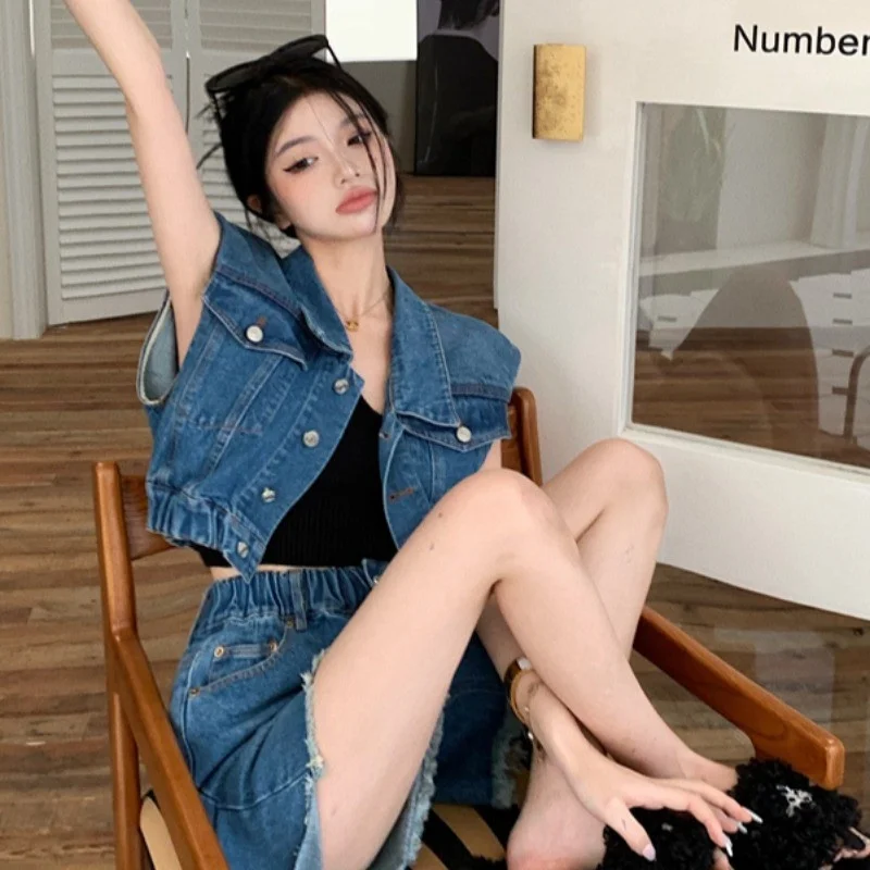 

Korean Sle Sweet And Cool Faion Set Women's Spring 2026 ort Denim Vest Top Wide Leg Pants Two Piece Set Casual Wear