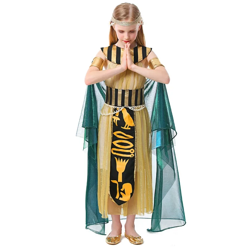 Umorden Halloween Cleopatra Costume for Girls Child Kids Egypt Nile Queen Gold Dress Green Cloak Purim Party Book Day Cosplay