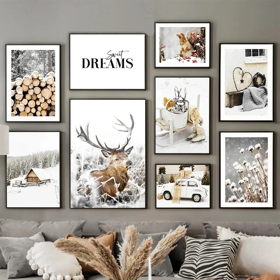 Winter Wood House Deer Squirrel Dandelion Posters And Prints Canvas Painting Wall Art Pictures Living Room Home Decoration