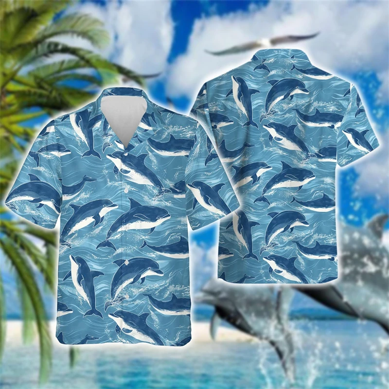 

Hawaiian Dolphin 3D Printed Short Sleeve Shirts For Men Clothes Cute Ocean Animal Surfing Male Beach Shirt Women Blouses Tops