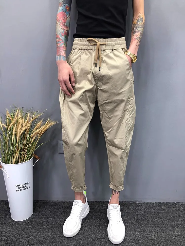 

Летние повседневные брюки-харланы мужские свободного кроя, модные в корейском стиле, укороченные, приталенные, с манжетами, из полиэстера и синтетических волокон