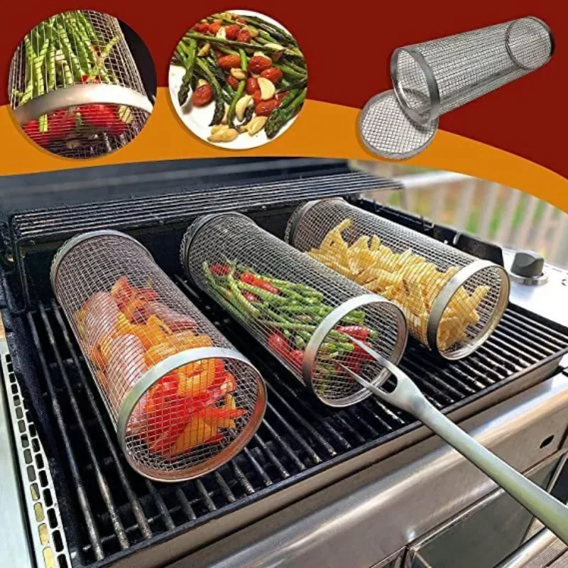 

BBQ Basket Stainless Steel Rolling Grilling Basket Wire Mesh Cylinder Grill Basket Portable Round Outdoor Camping Barbecue Rack