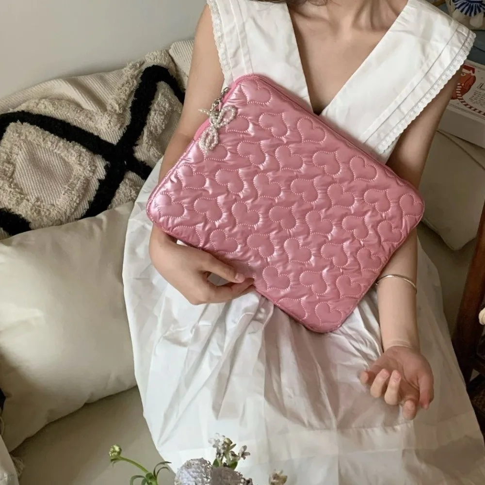 PU Leather Pearl Tablet Storage Bag Large Capacity Heart Bowknot Computer Bag Puffy Design Shockproof Tablet Pouch for School