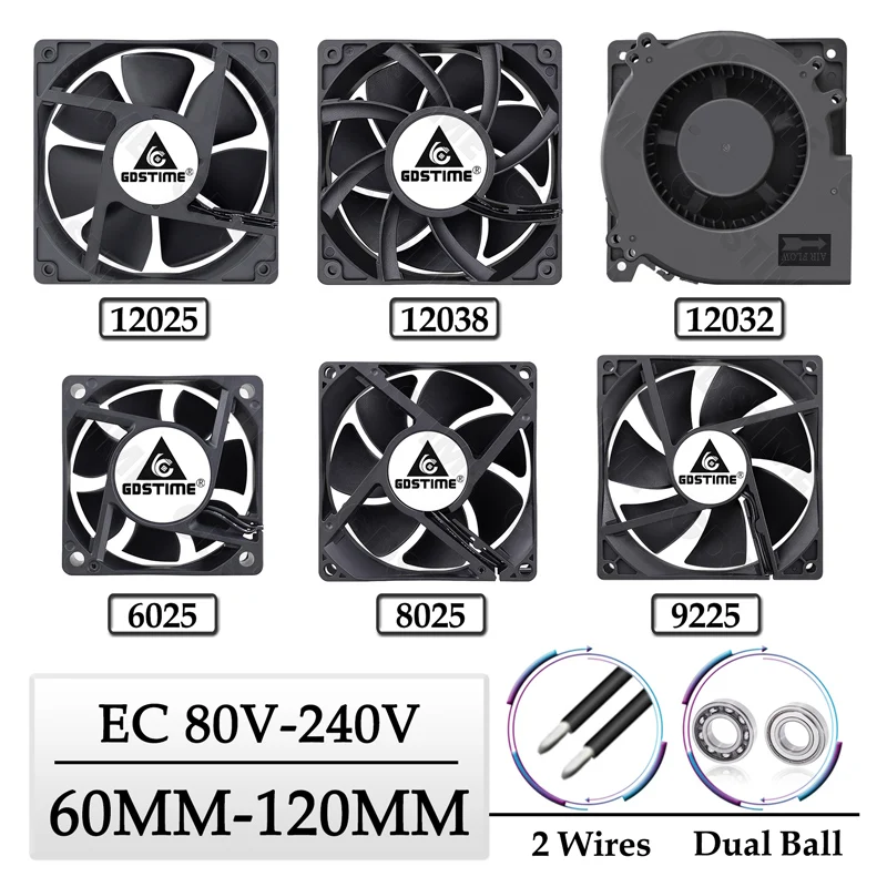 GDSTIME EC ventilateur Axial 60mm 80mm 90mm 120mm double boule sans brosse refroidisseur de PC AC 110V 120V 220V 230V 240V 12025 8025 ventilateur de boîtier d'ordinateur