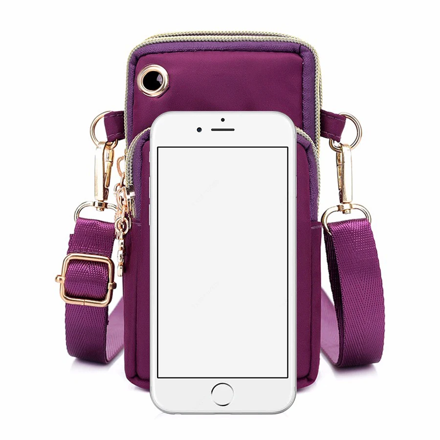 Unisex three-layer zippered crossbody phone bag that can be worn around the neck, on the wrist, held upright, or used as a shoul view 3