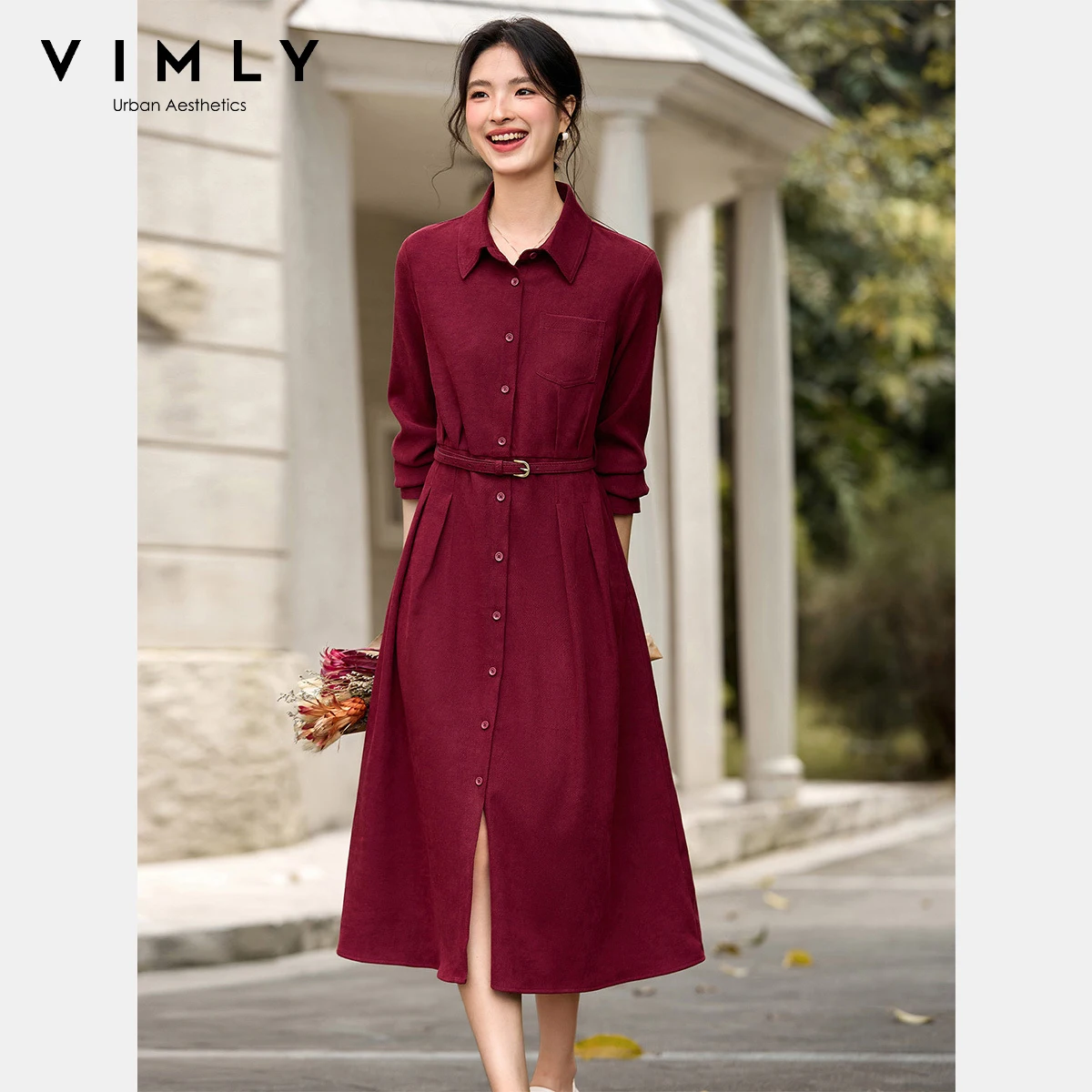 

VIMLY Woman Red Long Dress French Style Turn-down Neck Sashes Dresses 2025 Autumn Vintage Button Straight Ladies Dress A2790