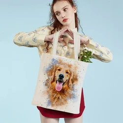 Watercolor Animal Eco Shopping Bag Women Canvas Tote Handbag Reusable Reusable Cartoon Dog Lady Shopper Shoulder Bags