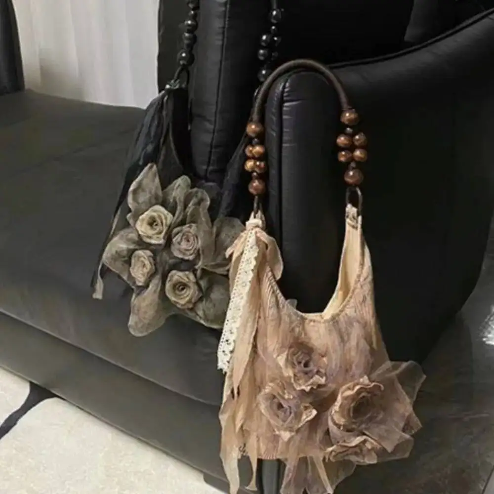 Bloom Fairy Core Rose Handbag Women Vintage Chinese Style Folds Chic Black Shoulder Bags Ladies Retro Sweet Cool Y2k Bag Purse