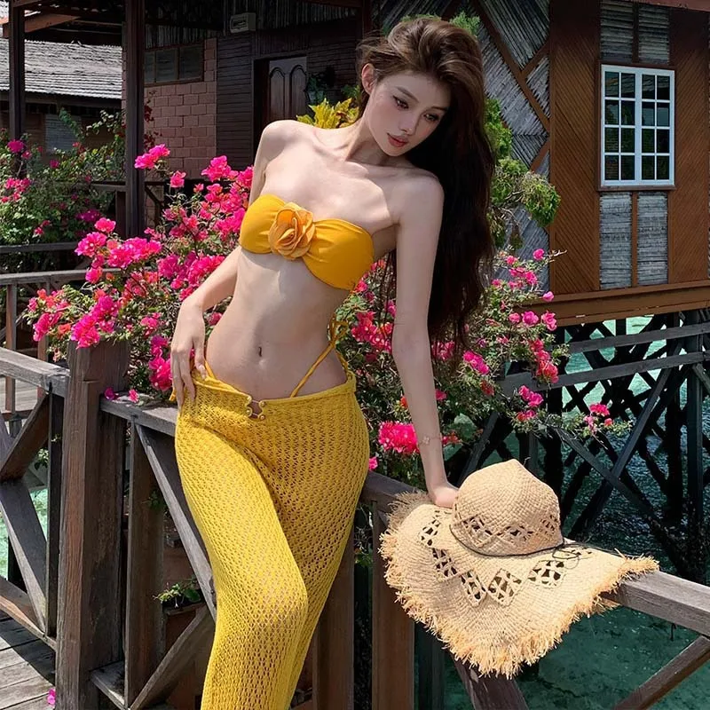 Sexy Bandeau Bikini Women 3D Flower Swimwear With Long Skirt 3 Pieces Sets Biquini Yellow Swimsuit Padded Bathing Suit Korea