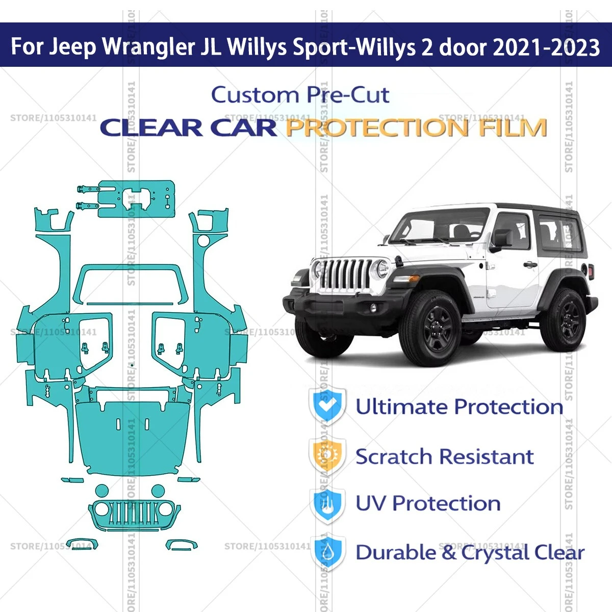 

Предварительно нарезанная защитная пленка PPF, прозрачная автомобильная пленка для Jeep Wrangler JL Willys Sport-Willys 2-дверный 2021-2023