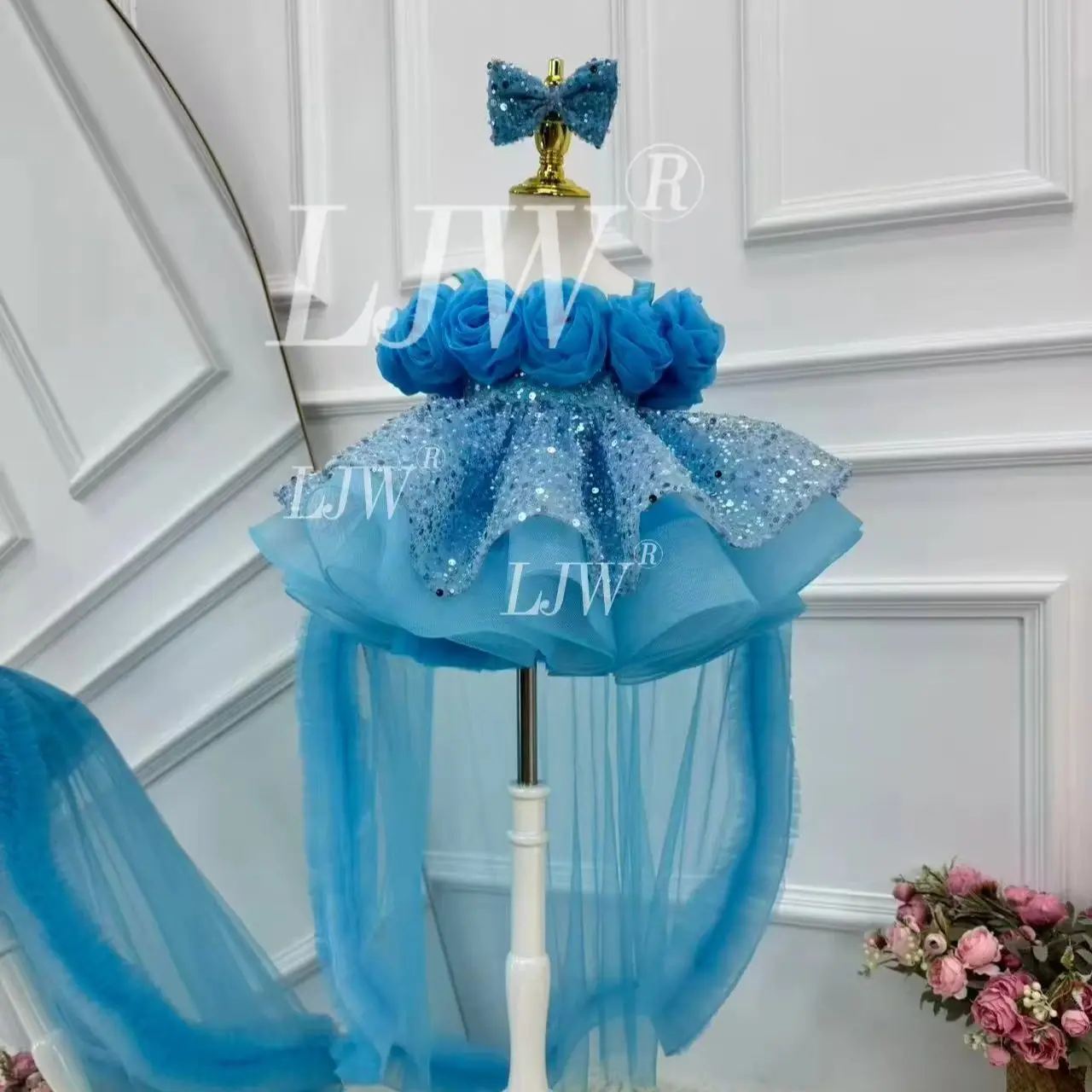 Toddler Girls Luxury Blue Sequin 3D Rose Off Shoulder Tulle Tutu Dress with Train Princess Birthday Party Wedding Flower Girl Ev
