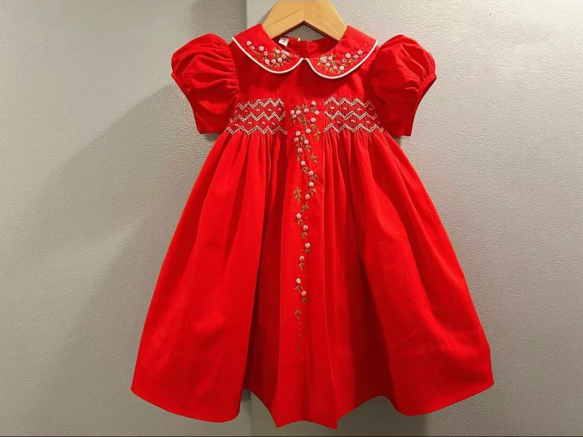 Baby Girl Summer Red Flower Handmade Embroidery Smocked Dress for Eid Party Birthday Holiday Photography Casual