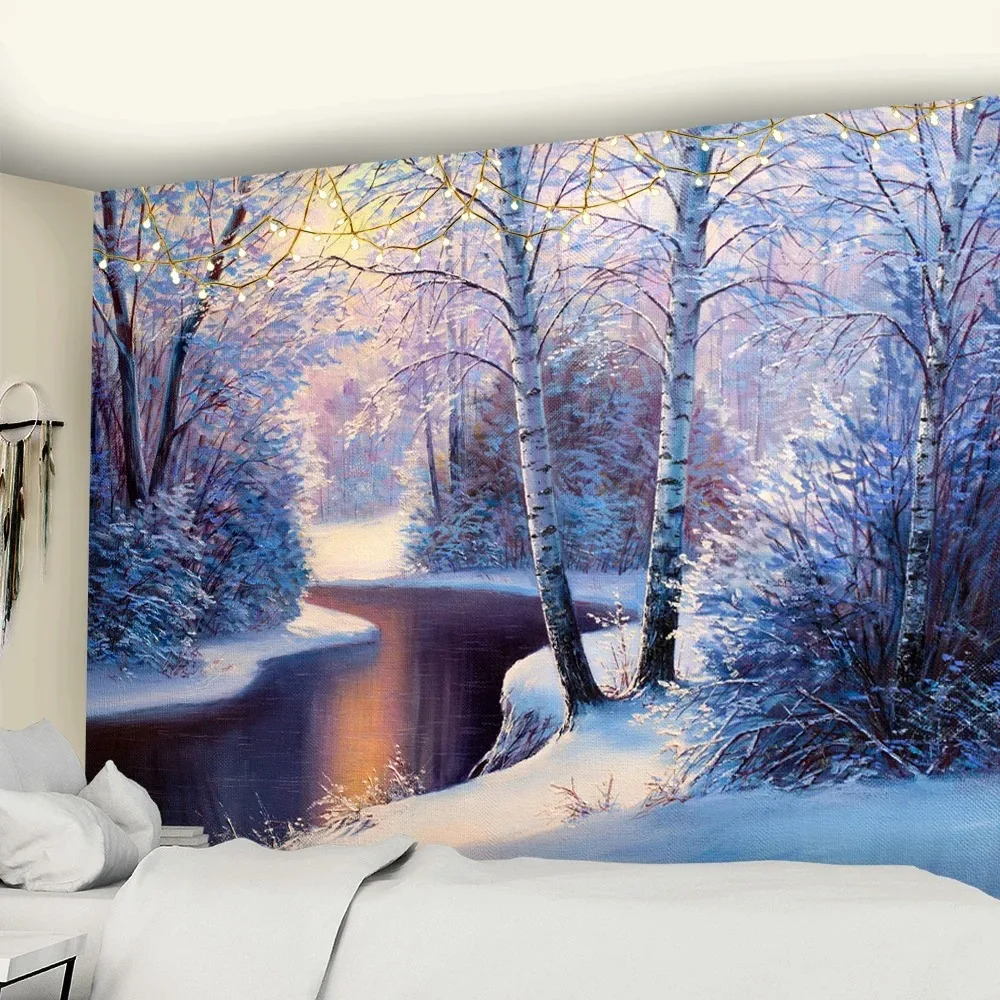 House Tapestry Ice and Snow Style Wall Hanging Merry Christmas Tapestry Village Wooden for Home Hand Wash Woven 100% Polyester