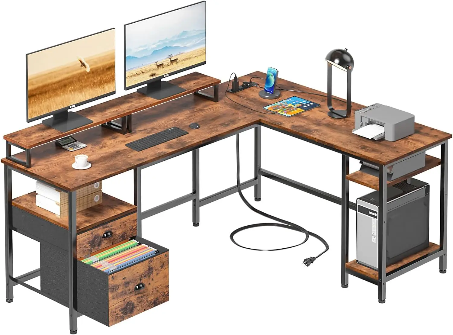 

Reversible Computer Desk with File Drawer & 2 Monitor Stands, Home Office Desk with Storage Shelves, Corner Desk for Writing