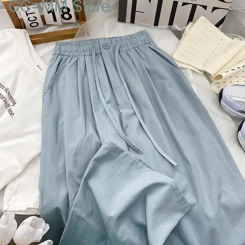 

New Cotton Linen Wide Leg Pants for Women High Waisted Korean Fashion Baggy Pants Office Ladies Casual Straight Pants