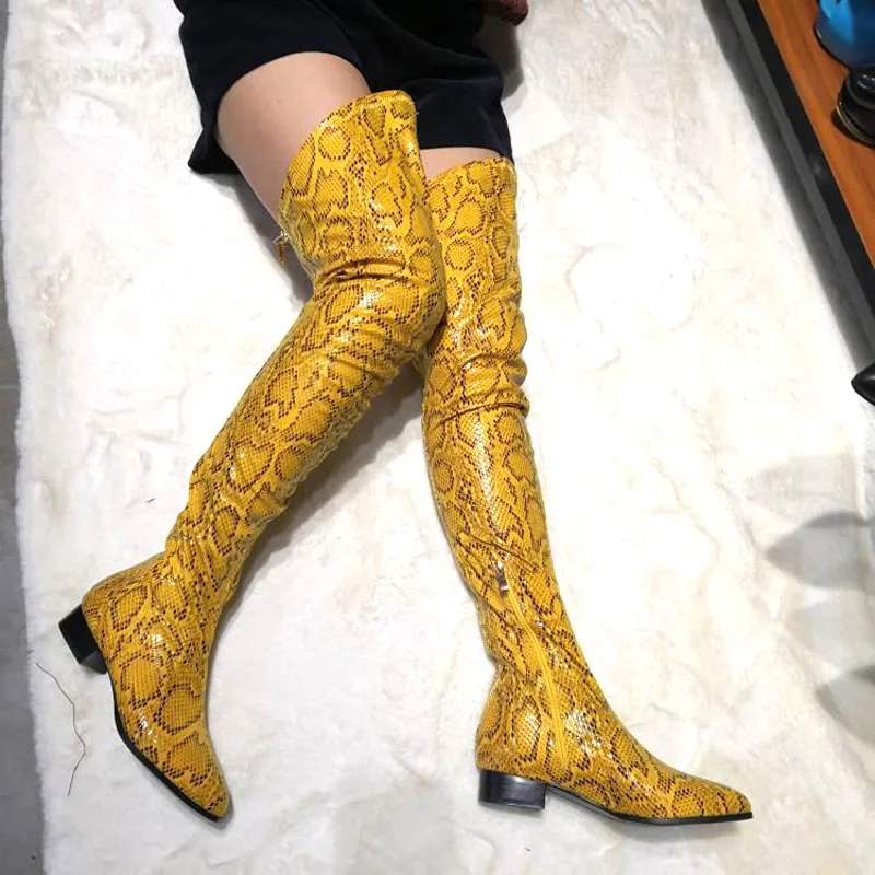 

Spring Gladiator Yellow Python Leather Thigh High Boots Pointed Toe Low Heels Snakeskin Over the Knee Boots Women Long Bottines