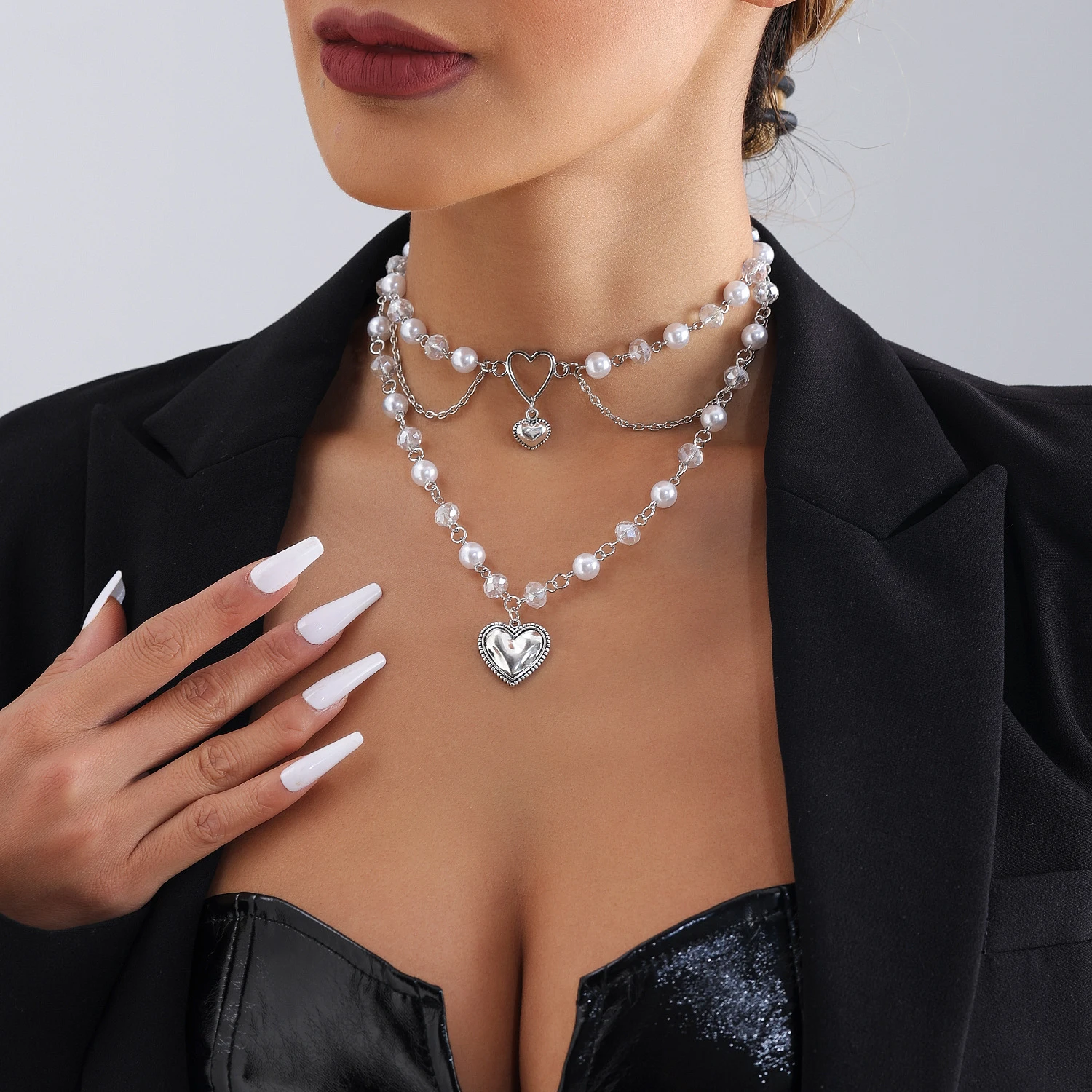 WAKA-gargantilla de doble capa con colgante de corazón de perla en capas, collar elegante Vintage estilo Y2K, joyería para mujer, fiesta diaria