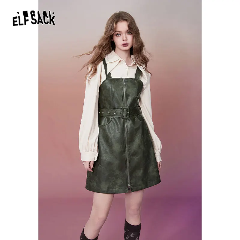 

ELFSACK 2000s Korean Fashion PU Suspender Dresses Women 2023 Winter Luxury Designer Dress