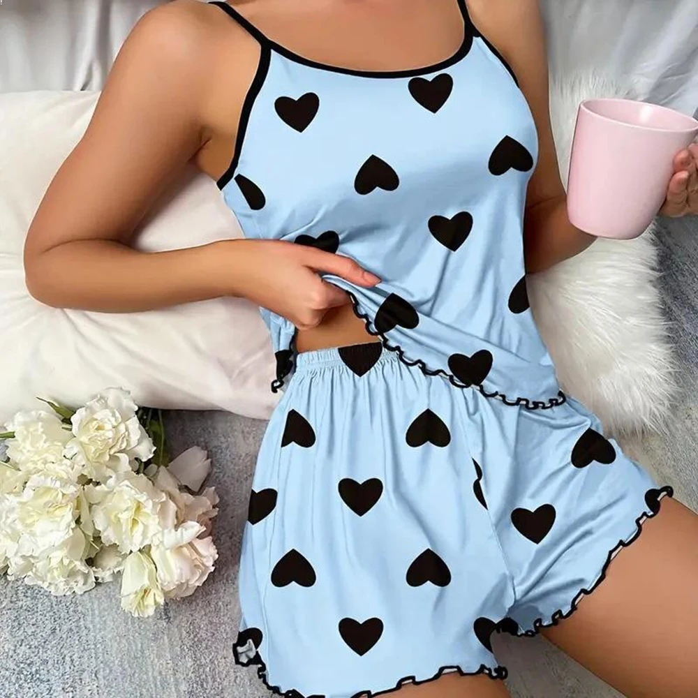 Tweedelig Pak Vrouwen Pyjama Nachtkleding Pyjama Set Hemdje Shorts Roze Blauw Hart Print Ijs Zijde Comfortabele Casual Homewear