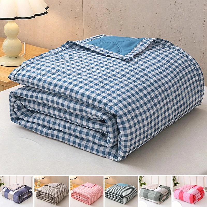 

Washed Cotton Summer Quilt Striped and Checked Print Skin Friendly Breathable Lightweight Cooling for Nude Sleeping All Seasons