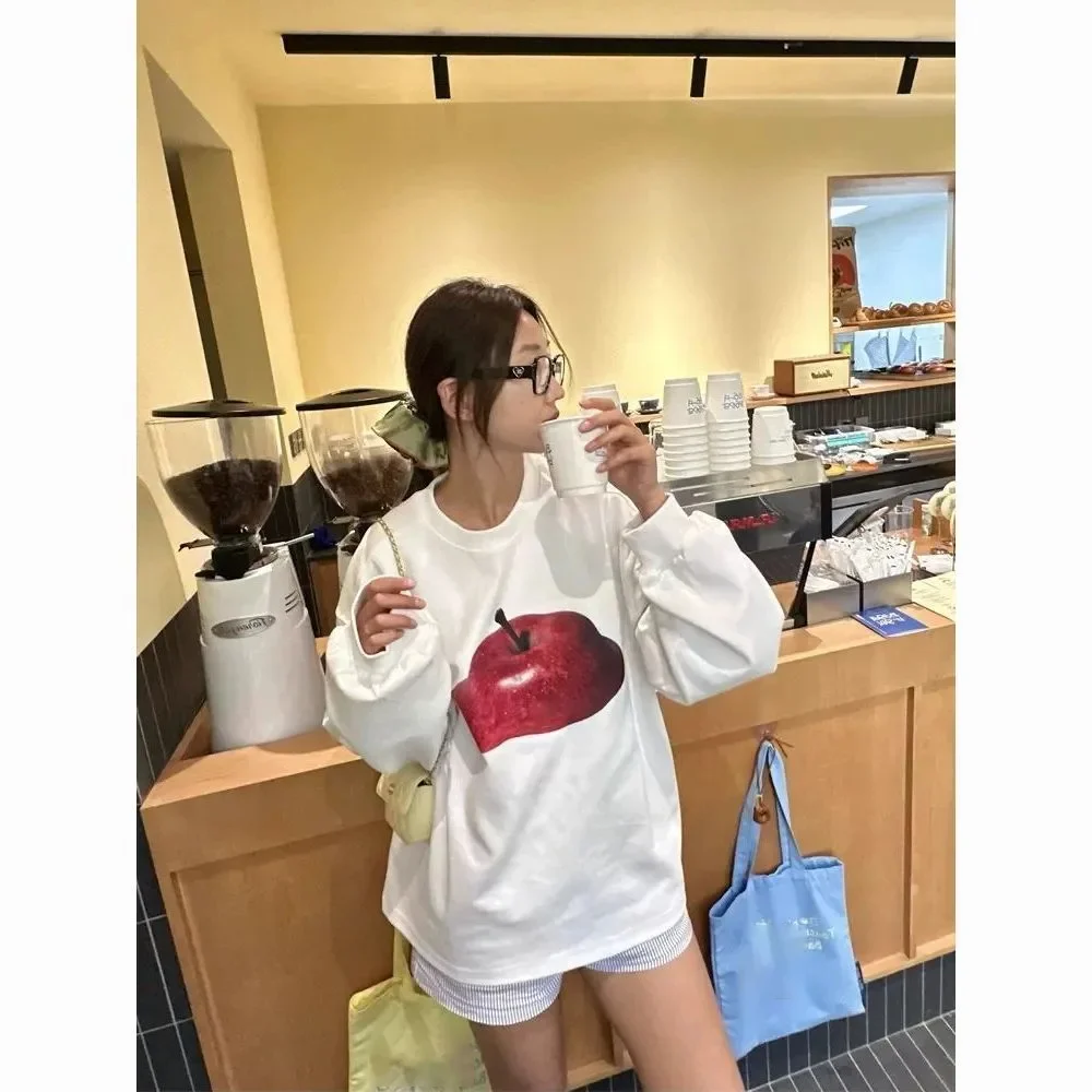 

Y2k белые футболки с принтом женские осенние свободные топы с круглым вырезом и длинными рукавами корейский стиль уличные повседневные модные футболки