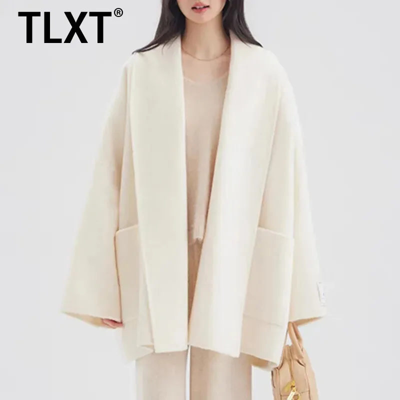 

TLXT модное женское серое двустороннее смешанное пальто с лацканами, свободная толстая куртка с длинными рукавами, новинка осени 2021, XK1440