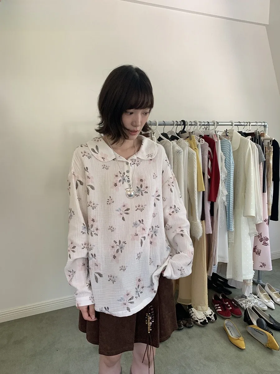 

Notjusthim Floral Rt Doll Collar Long Sve irt Casual Loose Fit Ladies T-irt Pure Cotton Plant Floral Print Winter 2025