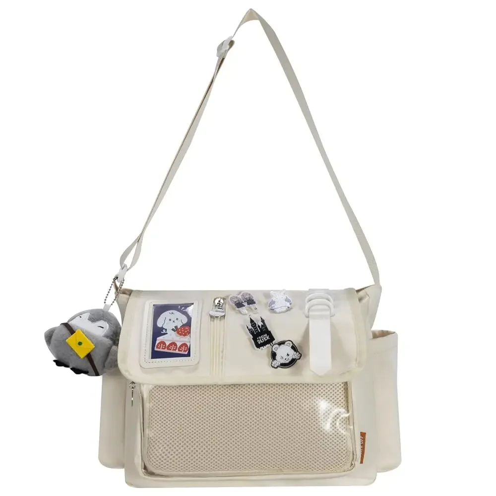 Kawaii Ita Bag for Women with Pin and Plush Penguin, Aesthetic Crossbody Bag With Anime Pins Display, Y2K Style Purse