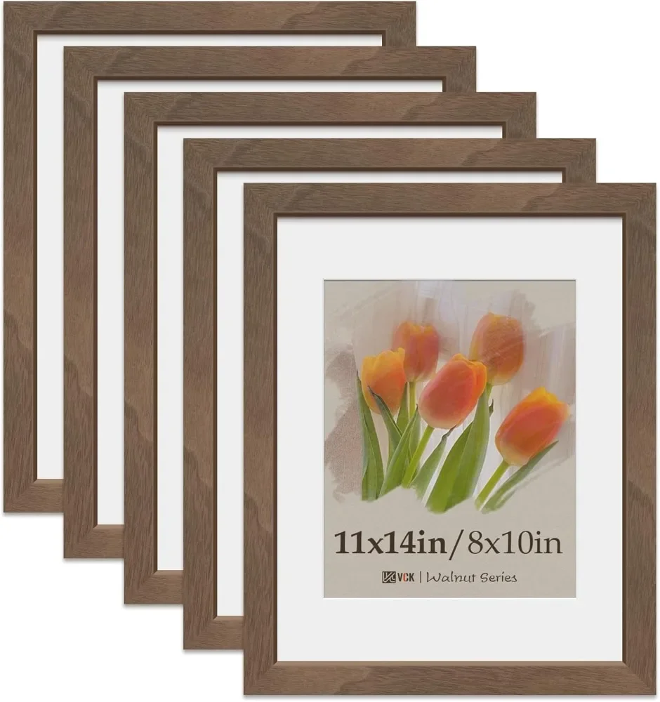 VCK 11x14 Picture Frame 5 Pack, Natural Wood Grain Brown Walnut & HD Glass, Display 8x10 Photos with Mat or 11x14 Without Mat