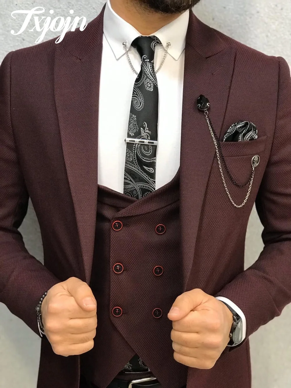Classic Peak Lapel Men Suit Set 3PCS Elegant Burgundy Men Tuxedos Suit Formal Slim Suit For Groom Graduation Suit Customized