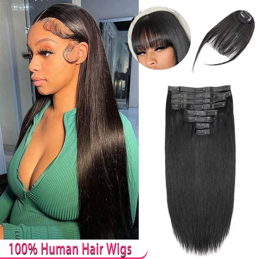 14A natürliche schwarze Haarverlängerungen, gerade Clip-Ins-Haarverlängerungen, 100 % echtes Remy-Rohhaar, seidige glatte Haarspangen für Frauen